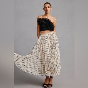 Daniel Rainn For Anthropologie Black and Taupe Polka Dot Tulle Midi Ball Skirt